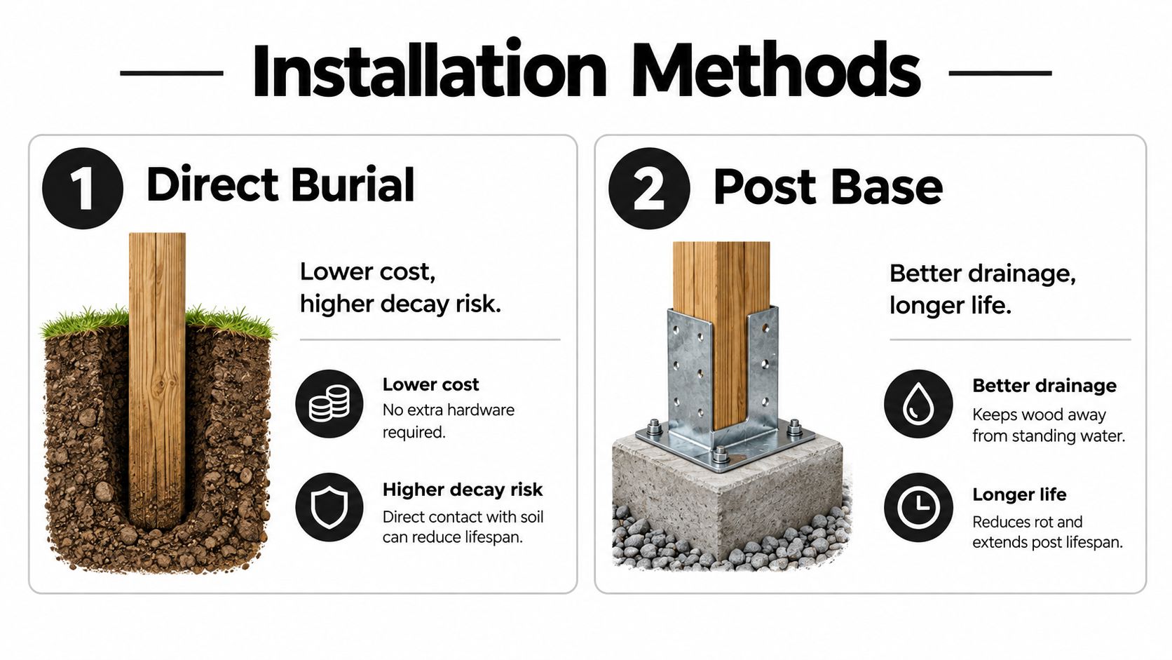 A graphic comparing direct burial and post base installation methods for wooden support posts in construction.