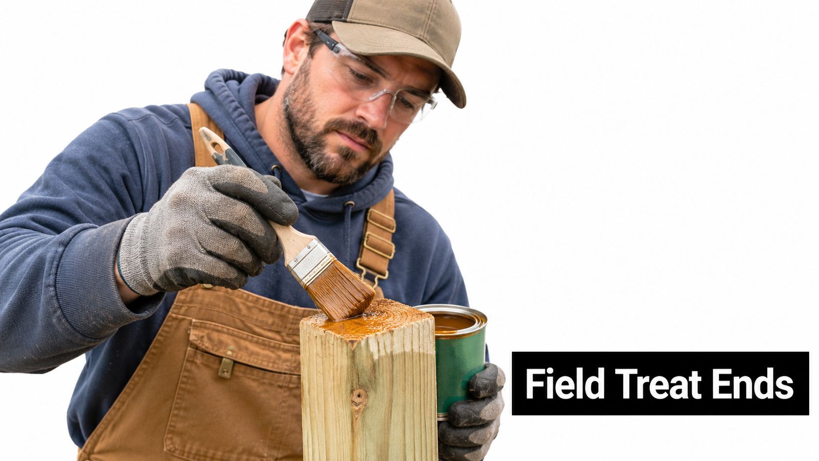 A construction worker applying a protective wood treatment to the cut end of a wooden post.